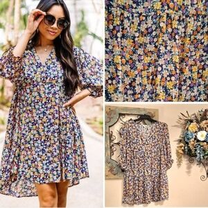 Umgee Blue and Yellow Floral Mini Dress. Excellent Condition NWOT Size Large